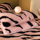 Zebra Print Thickened Faux Rabbit Fur Mattress Cover And Sheet Set